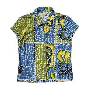 90s Y2K Vintage BCBG Lemon Mosaic Top Novelty Print Short Cap Sleeve Buttonup.